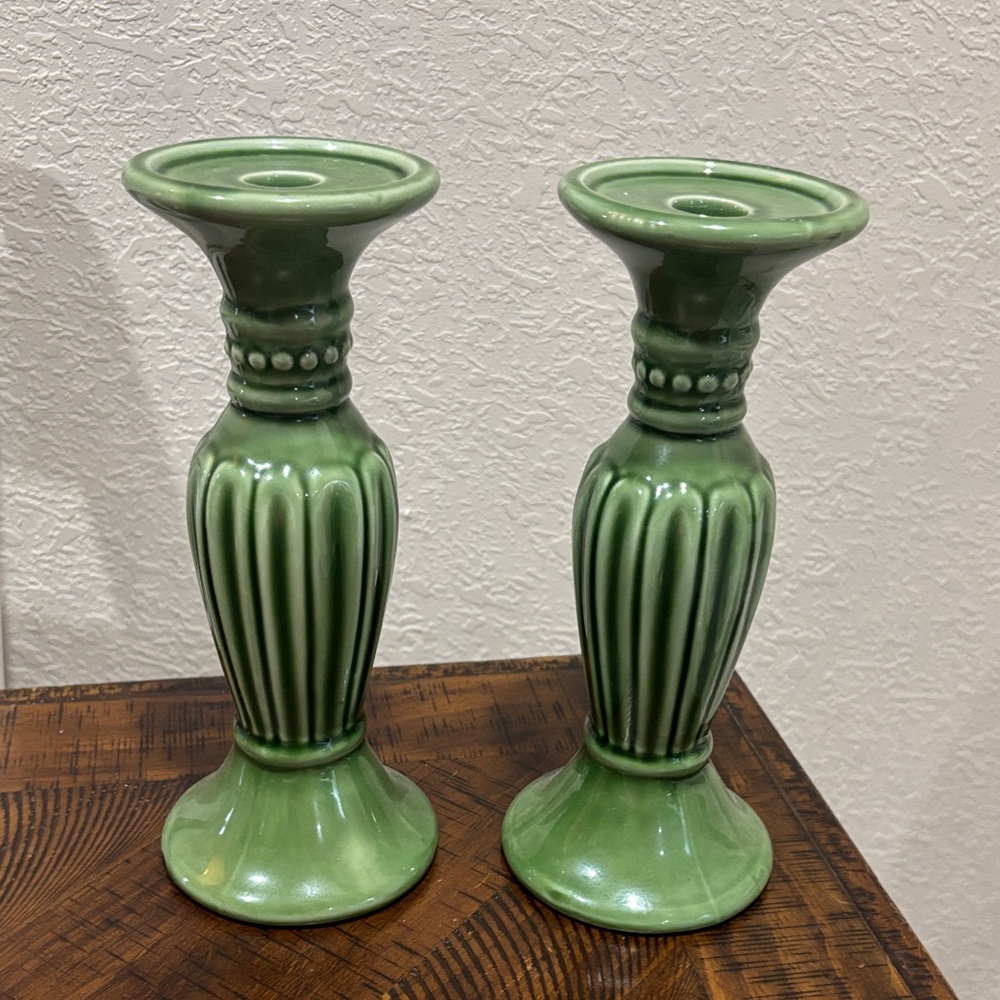 Green Ceramic Candlestick Pair - Elegant Home Accent